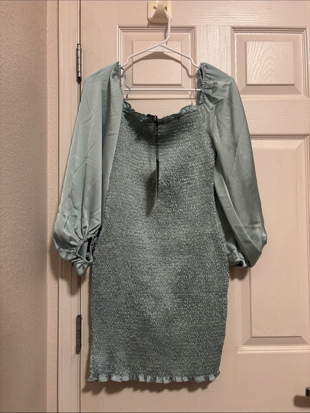 Smocked Puff-Sleeve Mini Dress in Light Blue